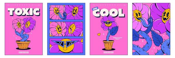 koel posters met psychedelisch bloemen in de trending retro groovy stijl. vector illustratie.