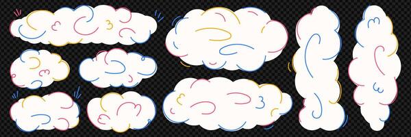 reeks van wit wolken met kleurrijk tekening elementen. schattig naief kind illustratie. modern vector ontwerp.