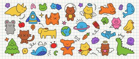 schattig kind pictogrammen verzameling van planeet, dinosaurus, dier, fruit, ster, walvis, wolk, brief. modieus kinderachtig tekening reeks Aan notitieboekje vel. gemakkelijk kattebelletje vector elementen voor banier, patroon of sticker.