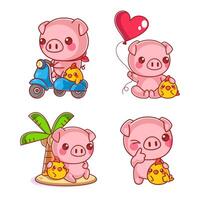 schattig varken met vrienden tekenfilm stijl reeks vector
