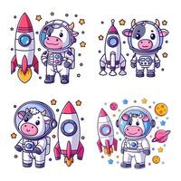 schattig koe vervelend astronaut pak met raket reeks vector