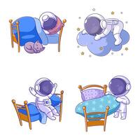 schattig astronaut slapen, tekenfilm stijl reeks vector