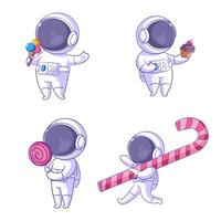 schattig astronaut met snoep, tekenfilm stijl reeks vector