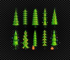 set kerstboom, nieuwjaarsdecoratie, seizoensgebonden feestdagen symbool collectie. plat pictogrammen van ingerichte boom op zwarte achtergrond, geïsoleerde vectorillustratie. vector
