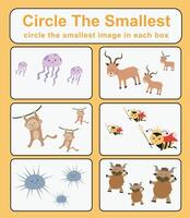 cirkel de kleinste werkblad. aan het leren over vergelijking. afdrukbare werkzaamheid bladzijde voor kinderen. leerzaam kinderen spel vector