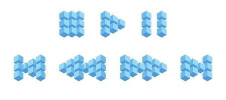 multimedia-interfaceknoppen van 3D-kubussen, volumetrische knoppen van blauwe vierkanten. vooruit, achteruit, terugspoelen, volgende, vorige, rechts, links knop voor digitale media. vector illustratie