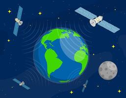 satellieten vlieg in baan in de omgeving van planeet aarde in ruimte en zenden communicatie signaal. satelliet communicatie en GPS navigatie. tekenfilm vector