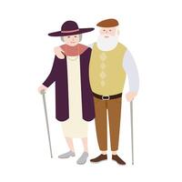 paar- van oud Mens en vrouw gekleed in elegant kleding staand met wandelstokken en omarmen elk ander. senior liefhebbend paar. vlak tekenfilm tekens geïsoleerd Aan wit achtergrond. vector illustratie.