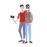 twee jong mannen gekleed in elegant kleding staand samen, glimlachen en maken selfie foto gebruik makend van monopod met smartphone. vlak tekenfilm tekens geïsoleerd Aan wit achtergrond. vector illustratie.