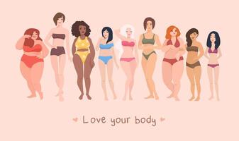 multiraciaal Dames van verschillend hoogte, figuur type en grootte gekleed in zwemkleding staand in rij. vrouw tekenfilm karakters. lichaam positief beweging en schoonheid diversiteit. vector illustratie.