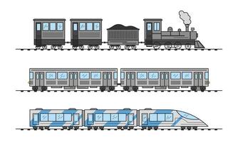 modern en wijnoogst trein verzameling. oud en elektrisch hoge snelheid passagier treinen. spoorweg reizen en spoorweg toerisme. metro vervoer ondergronds trein. vector
