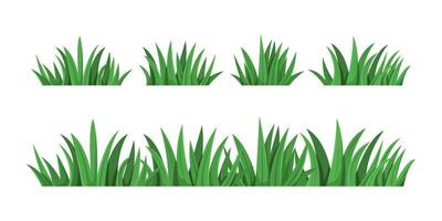 fragmenten van groen gras. reeks van bosjes van gras in divers vormen en maten geïsoleerd. tekenfilm vector illustratie.