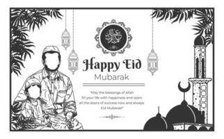 gelukkig eid mubarak banier vector illustratie in zwart en schrijven