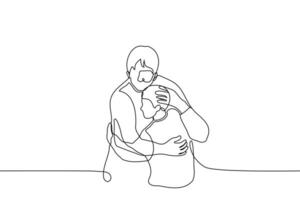 volwassen knuffels kind wie knuffels naar hem - een lijn tekening vector. concept van lang gewacht vergadering van ouder en zoon, jonger feliciteert ouderling, volwassen comfort kind vector