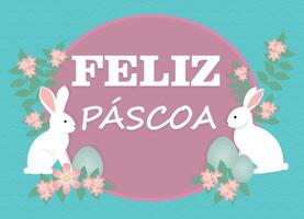 banier papier konijn met de tekst in Portugees, geschreven gelukkig Pasen, feliz pascoa vector