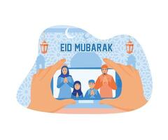 moslim gezinnen vieren eid al-fitr gedurende de pandemie. wens u eid al-fitr met een video telefoontje Aan uw cel telefoon. gelukkig eid mubarak concept. vlak vector illustratie.