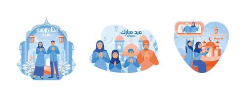 gastvrij eid al-fitr. zeggen eid al-fitr hartelijk groeten. moslim familie maakt een video telefoongesprek. gelukkig eid mubarak concept. reeks vlak vector illustratie.