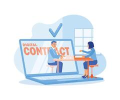 zakenman en collega ondertekening een digitaal bedrijf contract gebruik makend van een laptop. contract overeenkomst concept. vlak vector illustratie.