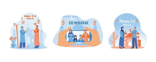 vieren eid al-fitr gedurende de pandemie. wens u eid al-fitr met een video telefoongesprek. moslim mensen zeggen eid al-fitr hartelijk groeten. gelukkig eid mubarak concept. reeks vlak vector illustratie.