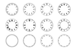 mechanisch klok gezichten, omlijsting. blanco meten cirkel schaal met divisies. cirkels van klok gezichten voor tijd vector
