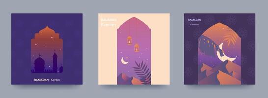 Ramadan kareem reeks van affiches, vakantie dekt, flyers. modern ontwerp in pastel kleuren met moskee, halve maan maan, duin zand, gebogen ramen. vector illustratie