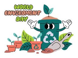 wereld milieu dag concept achtergrond vector. opslaan de aarde, recycle bak, fabriek groovy stijl. eco vriendelijk illustratie ontwerp voor web, banier, campagne, sociaal media na. vector