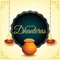 gelukkig dhanteras festival kaart met diya en goud munt pot vector