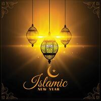 Islamitisch nieuw jaar gloeiend achtergrond met lantaarns vector