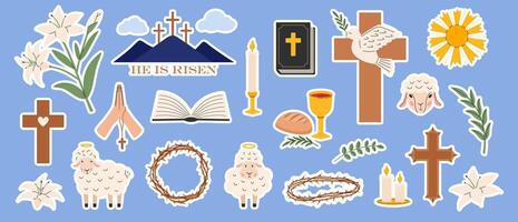 Pasen sticker pak. religieus christen tekens en symbolen. Bijbel, handen Holding kruis, duif met tak, kruis van Jezus Christus, kroon van doornen, kom en brood, schapen. heilig week. vector illustratie