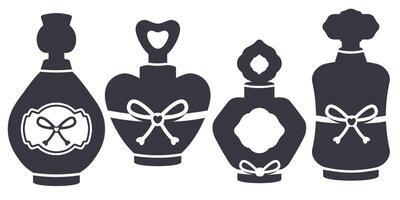 reeks van parfum flessen. verzameling van parfum silhouet geïsoleerd. aroma essence in verschillend glas pakketjes. elegant vorm geven aan, label, lintje. hand- getrokken ontwerp voor logo, kunstmatig industrie. vector