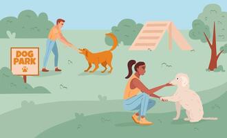 mensen tekens wandelen en spelen met honden in park. gelukkig huisdier eigenaren in hond park. vlak vector illustratie.