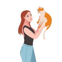 jong vrouw met kat vector illustratie portret. spelen met huisdieren, uitgeven tijd met kat concept