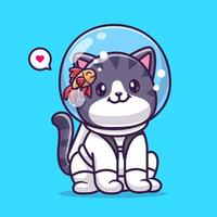 schattig kat astronaut zittend met vis tekenfilm vector icoon illustratie. dier wetenschap icoon concept geïsoleerd premie vector. vlak tekenfilm stijl