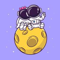 schattig paar astronaut zittend Aan de maan met vrede hand- tekenfilm vector icoon illustratie. wetenschap technologie icoon concept geïsoleerd premie vector. vlak tekenfilm stijl