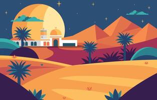 vlak ontwerp illustratie van Islamitisch moskee met piramide in Arabisch woestijn Bij nacht vector