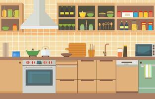 vlak ontwerp van keuken in restaurant met keuken gereedschap en opslagruimte schappen vector
