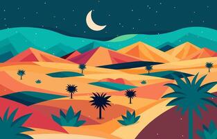 vlak ontwerp illustratie van bergen in Arabisch woestijn met datum bomen Bij nacht vector