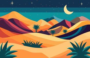 vlak ontwerp illustratie van duinen in Arabisch woestijn met halve maan in nacht lucht vector