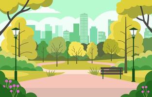vector ontwerp van groen bomen in stad park met wolkenkrabber gebouw in helder dag