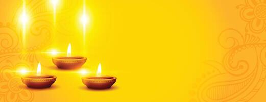 gelukkig diwali banier met gloeiend diya en tekst ruimte in geel achtergrond vector