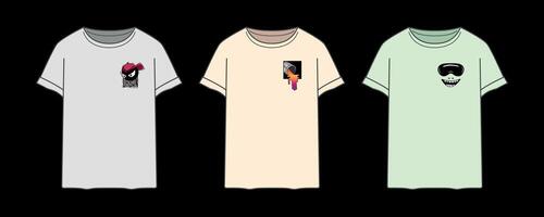 t-shirts met drie verschillend illustraties in zak- maat, vector ontwerpen