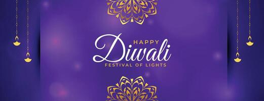 glanzend gelukkig diwali banier met gouden Indisch stijl in Purper achtergrond vector