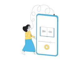 jong vrouw luisteren naar audioboek. geconcentreerd vrouw persoon en reusachtig telefoon met onderwijs apps. vector