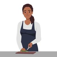 vrouw Koken eigengemaakt maaltijden in keuken. vector