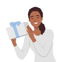 mooi vrouw Holding Cadeau doos. vector