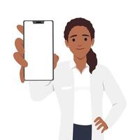 vrouw dokter Holding telefoon met blanco scherm. vector