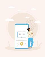 jong Mens luisteren naar audioboek. geconcentreerd persoon en reusachtig telefoon met onderwijs apps. vector