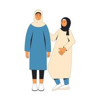 jong moslim Dames staand samen. vrouw tieners vervelend in hijab en gewoontjes kleren knuffelen elk andere geïsoleerd Aan een wit achtergrond. vector lijn illustratie.