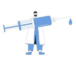 injectie. dokter met reusachtig injectiespuit geïsoleerd Aan wit achtergrond. vector illustratie.