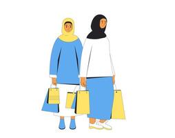 twee jong tekens met boodschappen doen Tassen. vrouw personen staand samen en Holding hun aankopen. vector